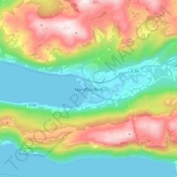Топографическая карта Nordfjordeid, высота, рельеф