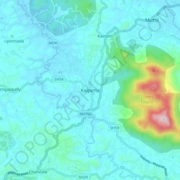 Топографическая карта Kalpetta, высота, рельеф