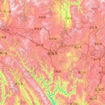 Топографическая карта 楚雄州, высота, рельеф