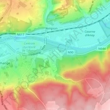Топографическая карта Neuville-Sous-Huy, высота, рельеф