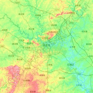 Топографическая карта Zigong, высота, рельеф