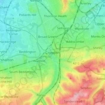 Топографическая карта Croydon, высота, рельеф