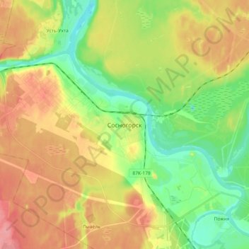 Топографическая карта Сосногорск, высота, рельеф