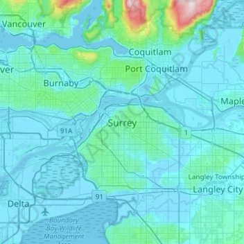 Топографическая карта Surrey, высота, рельеф