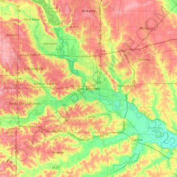 Топографическая карта Des Moines, высота, рельеф