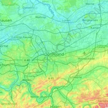 Топографическая карта Dortmund, высота, рельеф