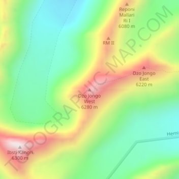 Топографическая карта Dzo Jongo West, высота, рельеф