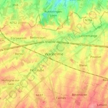 Топографическая карта Waremme, высота, рельеф