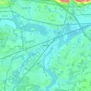 Топографическая карта Manville, высота, рельеф
