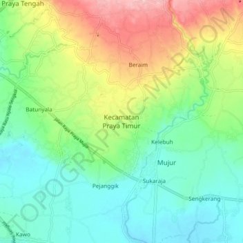 Топографическая карта Kecamatan Praya Timur, высота, рельеф