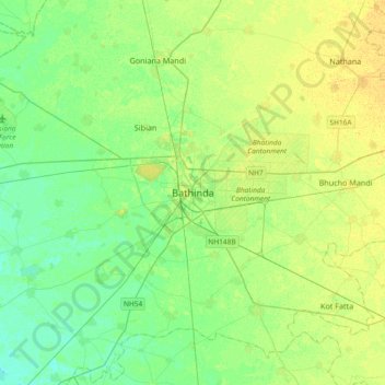 Топографическая карта Bathinda, высота, рельеф