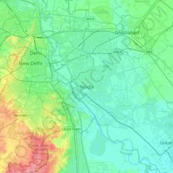 Топографическая карта Noida, высота, рельеф