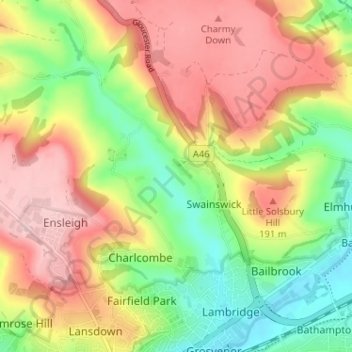 Топографическая карта Upper Swainswick, высота, рельеф