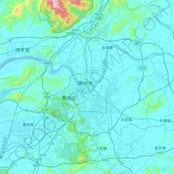 Топографическая карта 惠州市, высота, рельеф