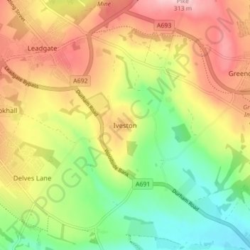 Топографическая карта Iveston, высота, рельеф