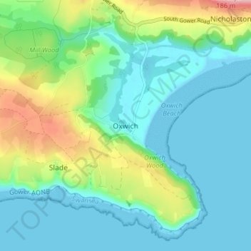 Топографическая карта Oxwich, высота, рельеф