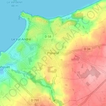 Топографическая карта Pléneuf, высота, рельеф