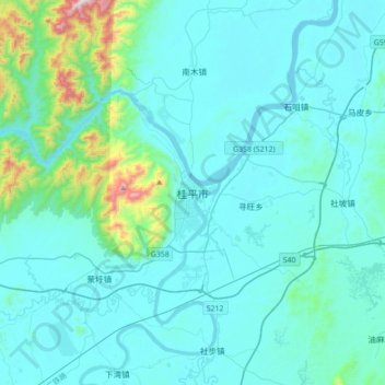 Топографическая карта 桂平市, высота, рельеф
