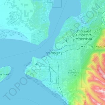 Топографическая карта Анкоридж, высота, рельеф