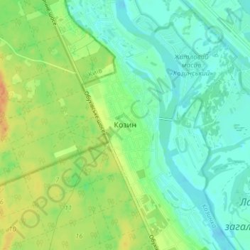 Топографическая карта Козин, высота, рельеф