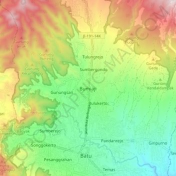 Топографическая карта Bumiaji, высота, рельеф