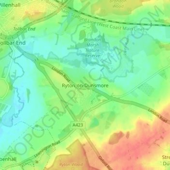 Топографическая карта Ryton-on-Dunsmore, высота, рельеф