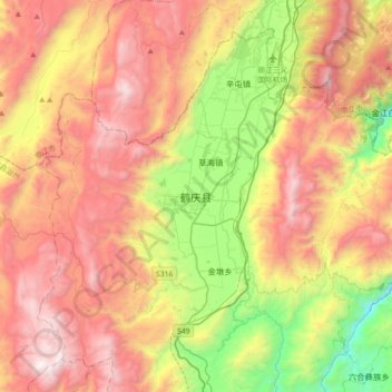 Топографическая карта 鹤庆县, высота, рельеф
