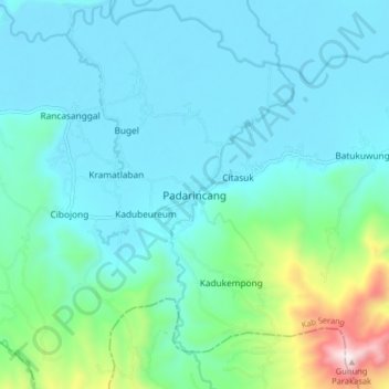 Топографическая карта Padarincang, высота, рельеф