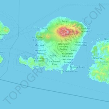 Топографическая карта Lombok Tengah, высота, рельеф