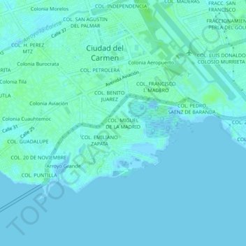 Топографическая карта COL. MIGUEL DE LA MADRID, высота, рельеф