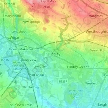 Топографическая карта Hindley, высота, рельеф