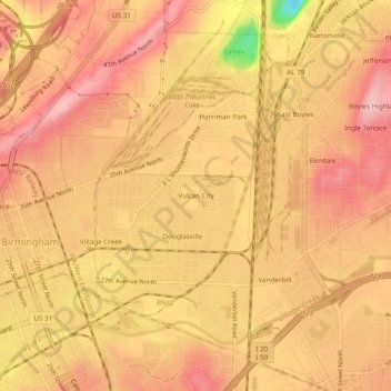 Топографическая карта Vulcan City, высота, рельеф