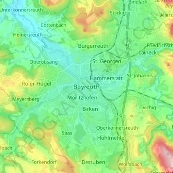 Топографическая карта Bayreuth, высота, рельеф