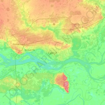 Топографическая карта Сургут, высота, рельеф