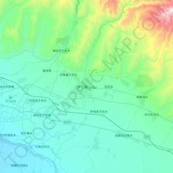 Топографическая карта Yining, высота, рельеф
