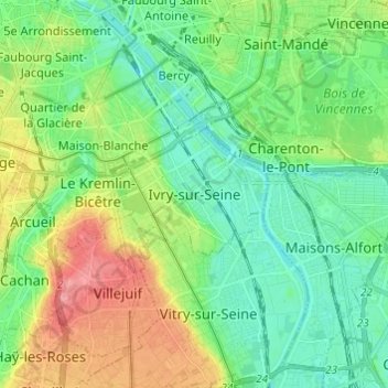 Топографическая карта Ivry-sur-Seine, высота, рельеф