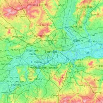 Топографическая карта Лондон, высота, рельеф