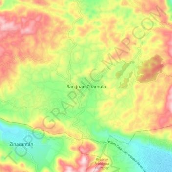 Топографическая карта San Juan Chamula, высота, рельеф