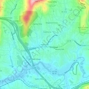 Топографическая карта Haw Creek, высота, рельеф
