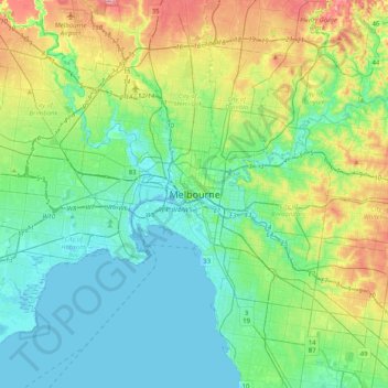 Топографическая карта Melbourne, высота, рельеф
