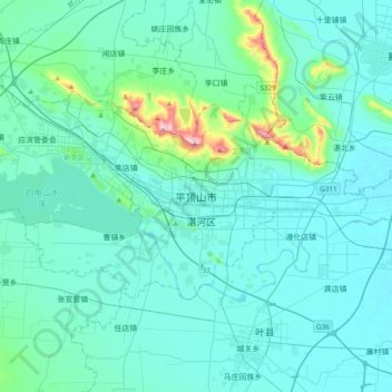 Топографическая карта 平顶山市, высота, рельеф