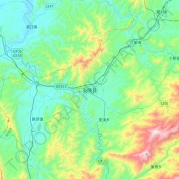 Топографическая карта 炎陵县, высота, рельеф
