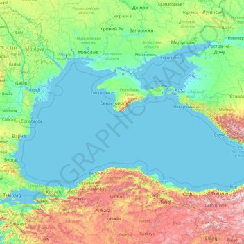Топографическая карта Чёрное море, высота, рельеф
