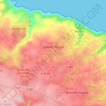 Топографическая карта Gréville-Hague, высота, рельеф