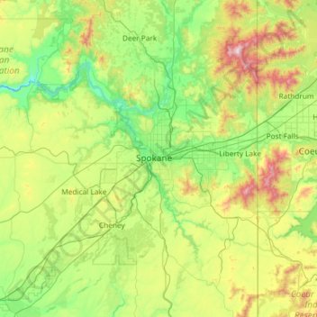 Топографическая карта Spokane County, высота, рельеф
