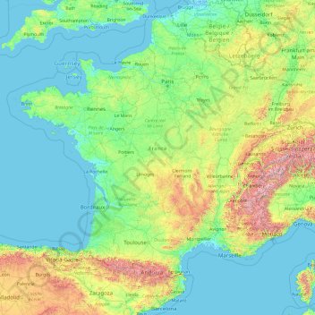 Топографическая карта France métropolitaine, высота, рельеф