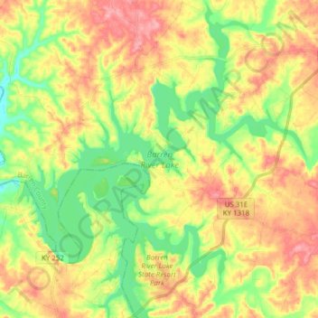 Топографическая карта Barren River Lake, высота, рельеф