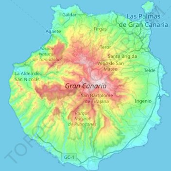 Топографическая карта Гран-Канария, высота, рельеф
