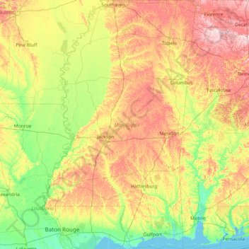 Топографическая карта Миссисипи, высота, рельеф