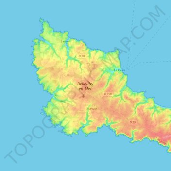 Топографическая карта Belle-Île-en-Mer, высота, рельеф